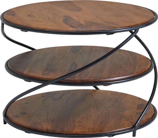 Koffietafel Massief Sheesham-Hout en Metaal 58x58x40,5 cm Salontafel Bruin | Ronde Tafel Woonkamer Moderne met Opbergruimte | Kleine Bijzettafel Woonkamertafel