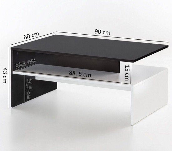 MURPHY 90 x 42 x 60 cm met plank hout zwart / wit | Design salon salontafel tweedelig met opbergruimte | Salontafel moderne salontafel | Loungetafel groot & lang