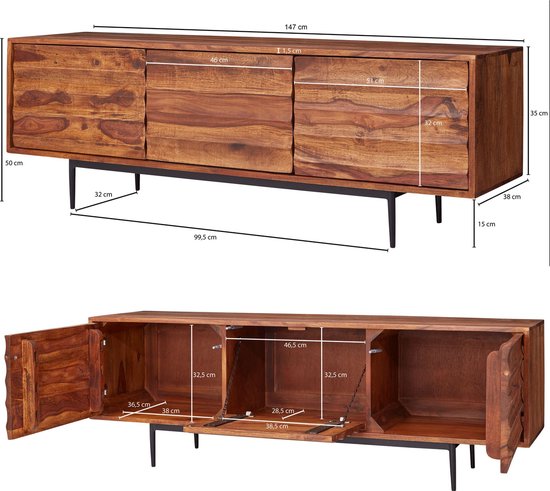HiFi Lowboard WL5.636 Sheesham massief houten landhuis TV-dressoir 147x50x38cm | TV-meubel Onderkast met 3 deuren | Opbergvak voor tv-tafel | TV-meubel voor tv