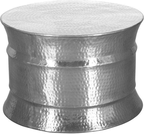salontafel KARAM 62x41x62cm aluminium zilveren bijzettafel oosterse rond | Plat gehamerd koffietafeltje metaal Design salontafel modern | Tafel klein Indiaas stub tafel klein