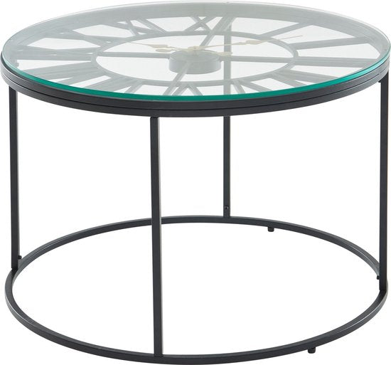 Koffietafel Glas en Metaal 60x60x43 cm Salontafel Zwart met Sierklok | Tafel Woonkamer Rond | Woonkamertafel Modern | Kleine Bijzettafel