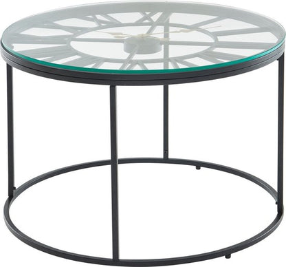 Koffietafel Glas en Metaal 60x60x43 cm Salontafel Zwart met Sierklok | Tafel Woonkamer Rond | Woonkamertafel Modern | Kleine Bijzettafel