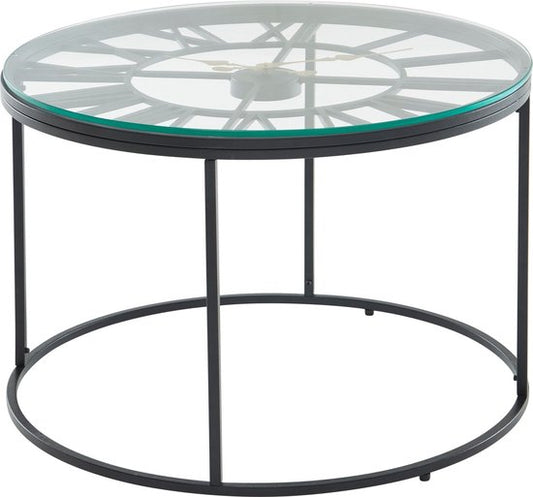 Koffietafel Glas en Metaal 60x60x43 cm Salontafel Zwart met Sierklok | Tafel Woonkamer Rond | Woonkamertafel Modern | Kleine Bijzettafel