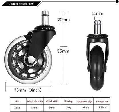 Bureaustoel wieltjes - Zwart - 11mm/70mm � Zwenkwielen - Bureaustoelwielen � Bureaustoel Wielen - Bureaustoel Mat- Wieltjes voor Stoelen- Set van 5 - Bureaustoel wielen voor vloerbedekking / laminaat