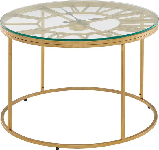 Koffietafel Glas en Metaal 60x60x43 cm Salontafel Goud met Sierklok | Tafel Woonkamer Rond | Woonkamertafel Modern | Kleine Bijzettafel