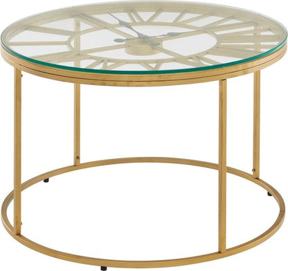 Koffietafel Glas en Metaal 60x60x43 cm Salontafel Goud met Sierklok | Tafel Woonkamer Rond | Woonkamertafel Modern | Kleine Bijzettafel