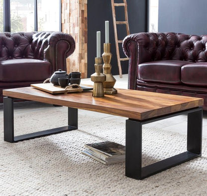 Salontafel WL5.650 Sheesham Massief houten salontafel 115x35x60 cm met metalen frame | Salontafel rechthoekig massief hout bruin | Houten tafel modern | Woonkamer met tafel