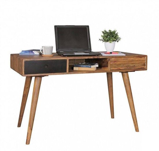 bureau REPA zwart 120 x 60 x 75 cm massief houten laptop tafel Sheesham Nature | Landelijke stijl bureau met 2 laden | Kantoor tafel Pc-tafel