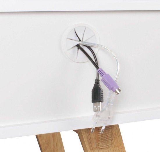 bureau SKANDI 110 x 85 x 60 cm MDF hout Scandinavische wit mat werktafel | Ontwerp Laptop tafel met kabelaansluiting | Office tafel met eiken poten