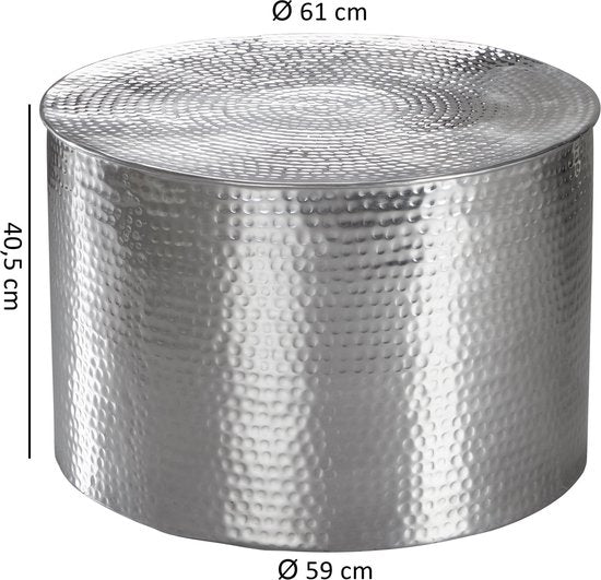 RAHI 61 x 40,5 x 61 cm Aluminium zilveren bijzettafel oosterse rond | Plat gehamerd koffietafeltje metaal Design Salontafel Modern | Salontafel Indian Stubentisch Klein
