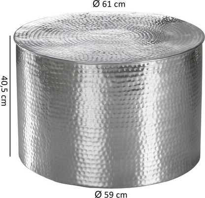 RAHI 61 x 40,5 x 61 cm Aluminium zilveren bijzettafel oosterse rond | Plat gehamerd koffietafeltje metaal Design Salontafel Modern | Salontafel Indian Stubentisch Klein