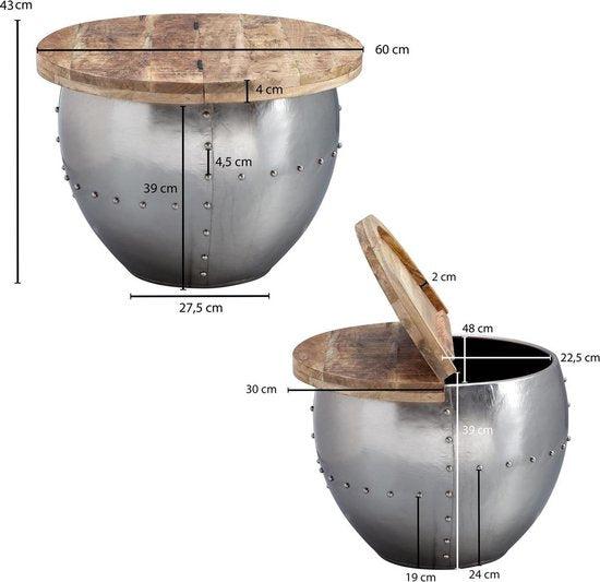 salontafel Mango massief hout / metaal 60x43x60 cm industriÃ«le stijl rond | Design salontafel met opbergruimte | Moderne salontafel salontafel zilver