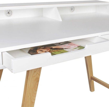 bureau SKANDI 110 x 85 x 60 cm MDF hout Scandinavische wit mat werktafel | Ontwerp Laptop tafel met kabelaansluiting | Office tafel met eiken poten