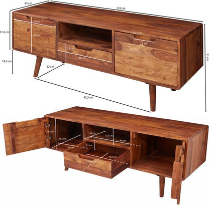 HiFi lowboard AMANA Sheesham massief houten landelijke TV-dressoir 135x51x45cm | TV-kast Onderkast met lade en 2 deuren | Opbergvak voor tv-tafel | TV-meubel voor tv
