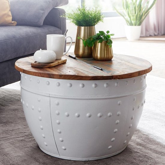 coffee table Mango 60x36x60 cm solid wood metal white industrial round | Design coffee table with storage space | Lounge table sofa table modern