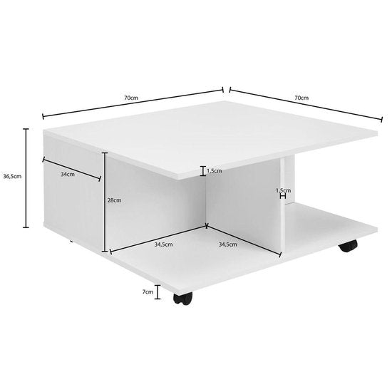 design salontafel 70x70 cm wit | Salontafel met 2 laden | Salontafel met wielen | Tafel met 2 compartimenten