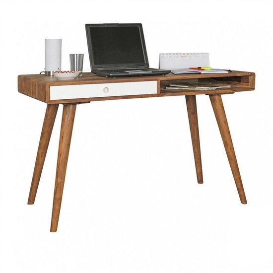 bureau REPA wit 120 x 60 x 75 cm massief houten laptop tafel Sheesham Nature | Landelijke stijl werktafel met 1 lade | Kantoor tafel Pc-tafel