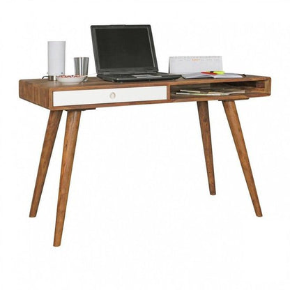 bureau REPA wit 120 x 60 x 75 cm massief houten laptop tafel Sheesham Nature | Landelijke stijl werktafel met 1 lade | Kantoor tafel Pc-tafel