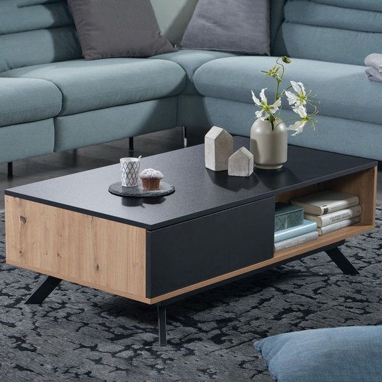 Coffee Table Massif MDF Oak Decor / Black 110x60x38 cm Coffee Table | Living Room Table Rectangular with Storage Space | Industrial Living Room Table with Drawers | Large Side Table
