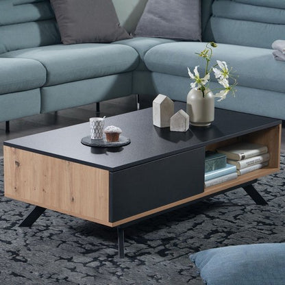 Coffee Table Massif MDF Oak Decor / Black 110x60x38 cm Coffee Table | Living Room Table Rectangular with Storage Space | Industrial Living Room Table with Drawers | Large Side Table