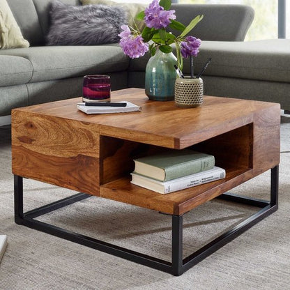 Koffietafel Massief Sheesham-Hout en Metaal 60x60x34,5 cm Salontafel Bruin | Vierkant Tafel Woonkamer Moderne met Opbergruimte | Kleine Bijzettafel Woonkamertafel