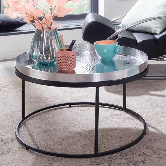 Coffee Table Aluminum 62x62x36 cm Hammered Metal Silver | Round Living Room Table | Modern Living Room Table | Small Side Table