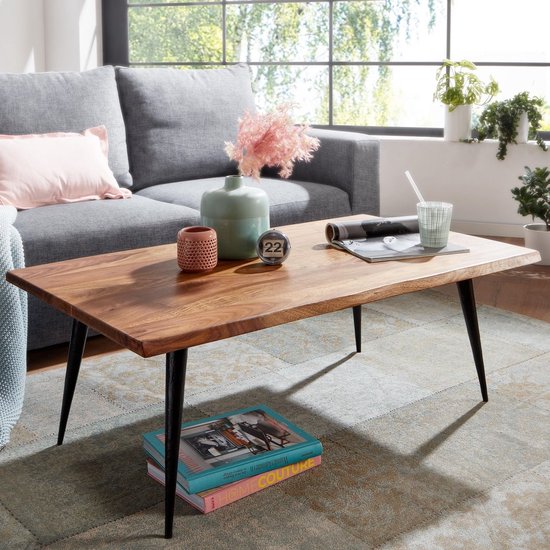 Coffee Table Solid Sheesham Wood and Metal 110x60x40 cm Coffee Table Brown | Square Living Room Table Modern with Live Edge | Low Side Table Living Room Table
