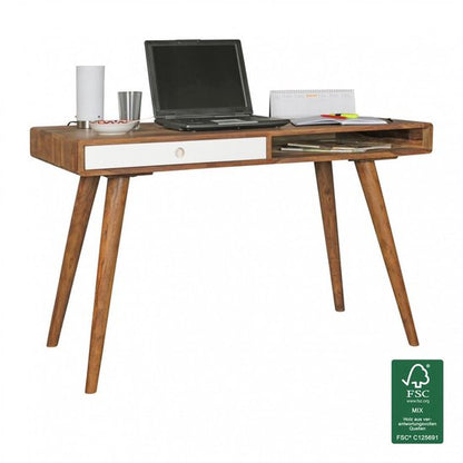 bureau REPA wit 120 x 60 x 75 cm massief houten laptop tafel Sheesham Nature | Landelijke stijl werktafel met 1 lade | Kantoor tafel Pc-tafel