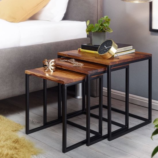 Sky Style- Set van 3 Sheesham Massief Hout / Metalen Bijzettafel Vierkant Modern | Design Salontafel 3-Delig | Woonkamer Tafels Ruimtebesparend | Houten Tafel Set Woonkamer Tafels