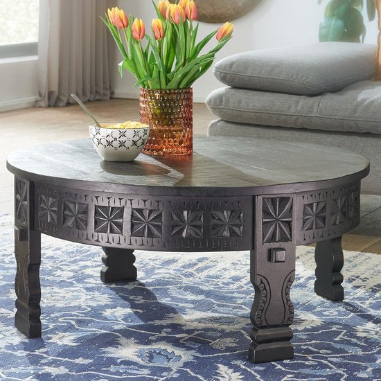 design coffee table 80x36x80 cm Mango solid wood coffee table round black | Coffee table wood Solid wood coffee table | Living room table oriental | Coffee table lounge table