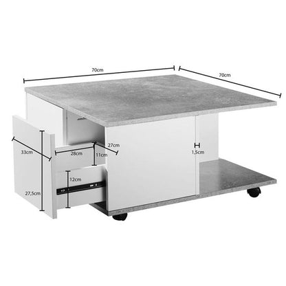 design salontafel 70x70 cm cement grijs / wit | Salontafel met 2 laden | Salontafel met wielen | Tafel met 2 compartimenten