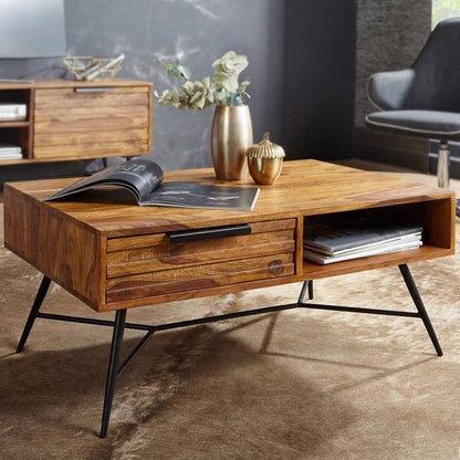 salontafel Nishan 87 x 41 x 55 cm Sheesham Wood | Ontwerp houten tafel met opbergruimte en lade | Massief houten salontafel IndustriÃ«le woonkamertafel met metalen poten