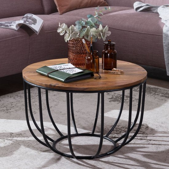 COFFEE TABLE MANORA 60x39x60 cm Sheesham solid wood / metal rattan table | Design coffee table | Coffee table Round | Living room table Industrial Brown | Wooden table coffee table solid | Living room with table