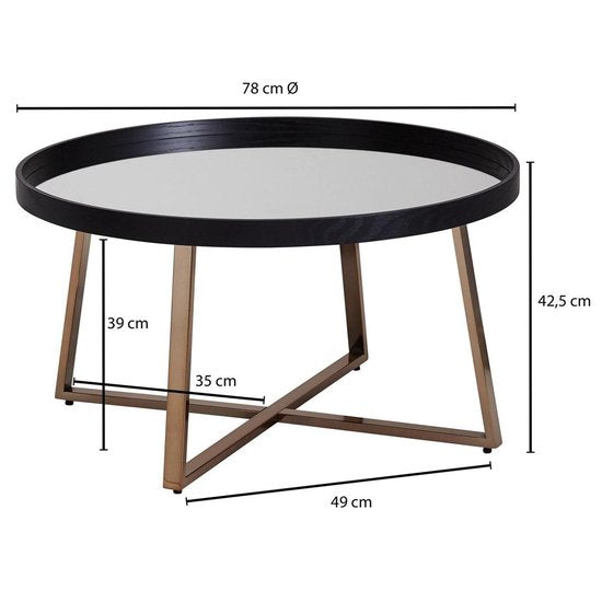 design salontafel rond Ã˜ 78 cm donker goud met spiegelglas | Salontafel zwart metalen frame | Grote bijzettafel