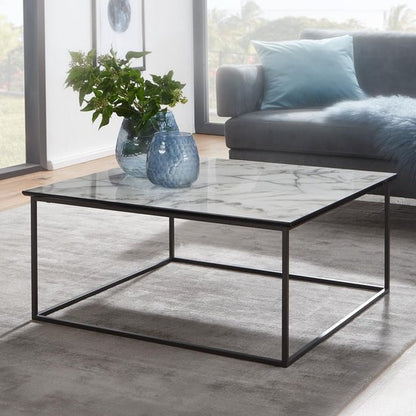 salontafel vierkant 80x38x80 cm met marmerlook wit | Salontafel met zwart metalen frame | Moderne decoratieve tafel