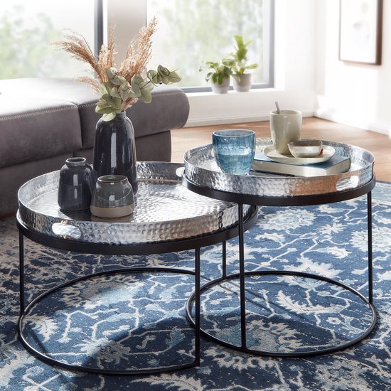Sky Style- salontafel set van 2 metalen dienblad tafel zilveren salontafel rond