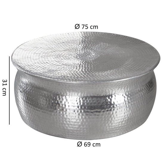 coffee table KARAM 75x31x75cm aluminum silver side table oriental round | Flat hammered coffee table metal Design coffee table modern | Table small Indian stub table small