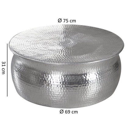 coffee table KARAM 75x31x75cm aluminum silver side table oriental round | Flat hammered coffee table metal Design coffee table modern | Table small Indian stub table small