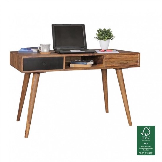 bureau REPA zwart 120 x 60 x 75 cm massief houten laptop tafel Sheesham Nature | Landelijke stijl bureau met 2 laden | Kantoor tafel Pc-tafel