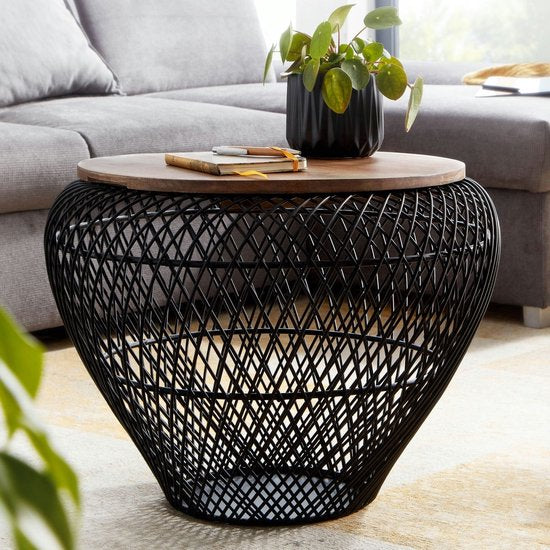 Coffee Table Metal and Solid Mango Wood 60x60x45 cm Black Coffee Table | Round Living Room Table Modern with Storage | Small Side Table Living Room Table
