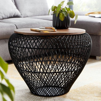 Coffee Table Metal and Solid Mango Wood 60x60x45 cm Black Coffee Table | Round Living Room Table Modern with Storage | Small Side Table Living Room Table