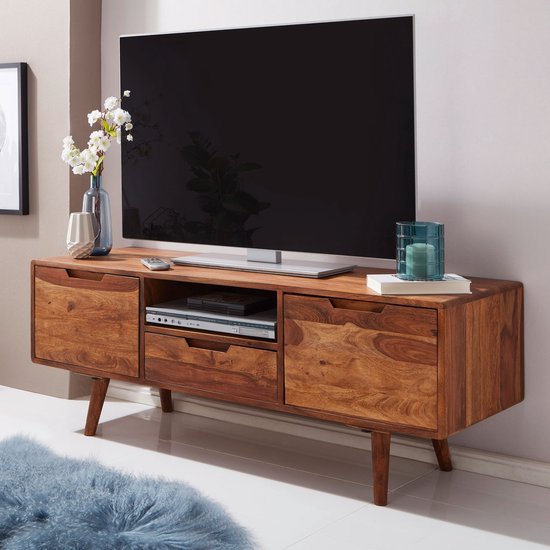 HiFi lowboard AMANA Sheesham massief houten landelijke TV-dressoir 135x51x45cm | TV-kast Onderkast met lade en 2 deuren | Opbergvak voor tv-tafel | TV-meubel voor tv