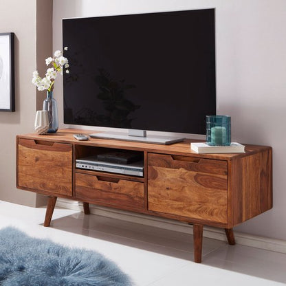 HiFi lowboard AMANA Sheesham massief houten landelijke TV-dressoir 135x51x45cm | TV-kast Onderkast met lade en 2 deuren | Opbergvak voor tv-tafel | TV-meubel voor tv