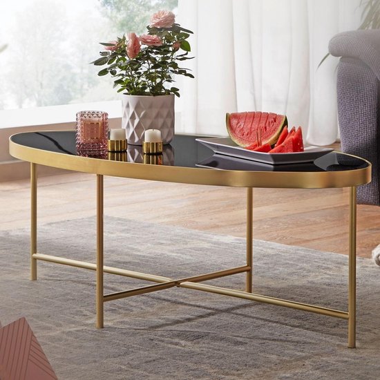 design salontafel glas zwart - ovaal 110 x 56 cm met goud metaal | Grote woonkamer tafel Lounge tafel glazen tafel