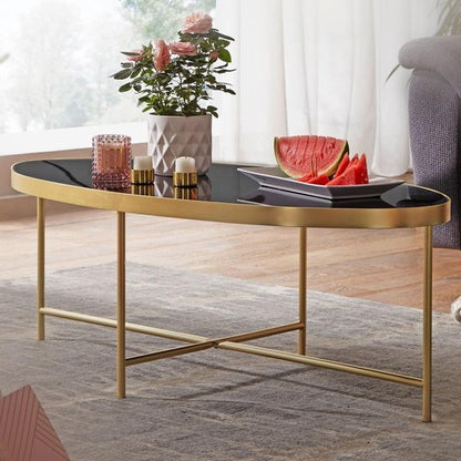 design salontafel glas zwart - ovaal 110 x 56 cm met goud metaal | Grote woonkamer tafel Lounge tafel glazen tafel