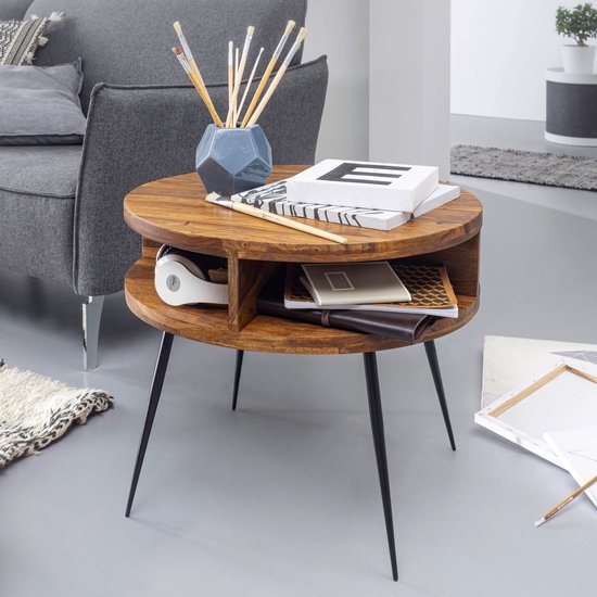 table Sheesham solid wood / metal 60x45x60 cm table living room | Design side table with shelf Small coffee table round brown