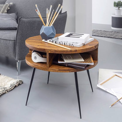 table Sheesham solid wood / metal 60x45x60 cm table living room | Design side table with shelf Small coffee table round brown