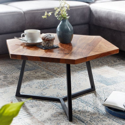 salontafel 60x60x35 cm massief sheeshamhout / metalen salontafel modern | Design salontafel zeshoekig | Kleine tafel bijzettafel woonkamer massief