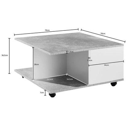 design salontafel 70x70 cm cement grijs / wit | Salontafel met 2 laden | Salontafel met wielen | Tafel met 2 compartimenten