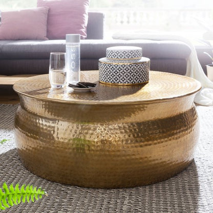 salontafel KARAM 75x31x75 cm aluminium gouden bijzettafel oosterse rond | Plat gehamerd koffietafeltje metaal Design salontafel modern | Tafel klein Indiaas stub tafel klein